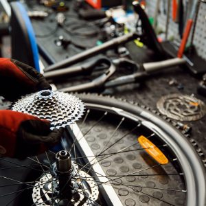 Bicycle repair in workshop, man installs star cassette. Mechanic in uniform fix problems with cycle, professional bike repairing service